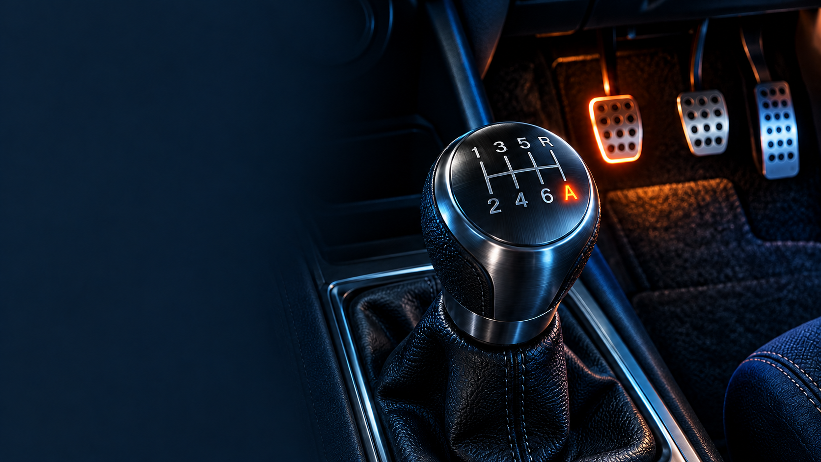 AI concept illustration: a gear knob engraved 1 3 5 R over 2 4 6 A with the A lit orange, beside clutch, brake and accelerator pedals.