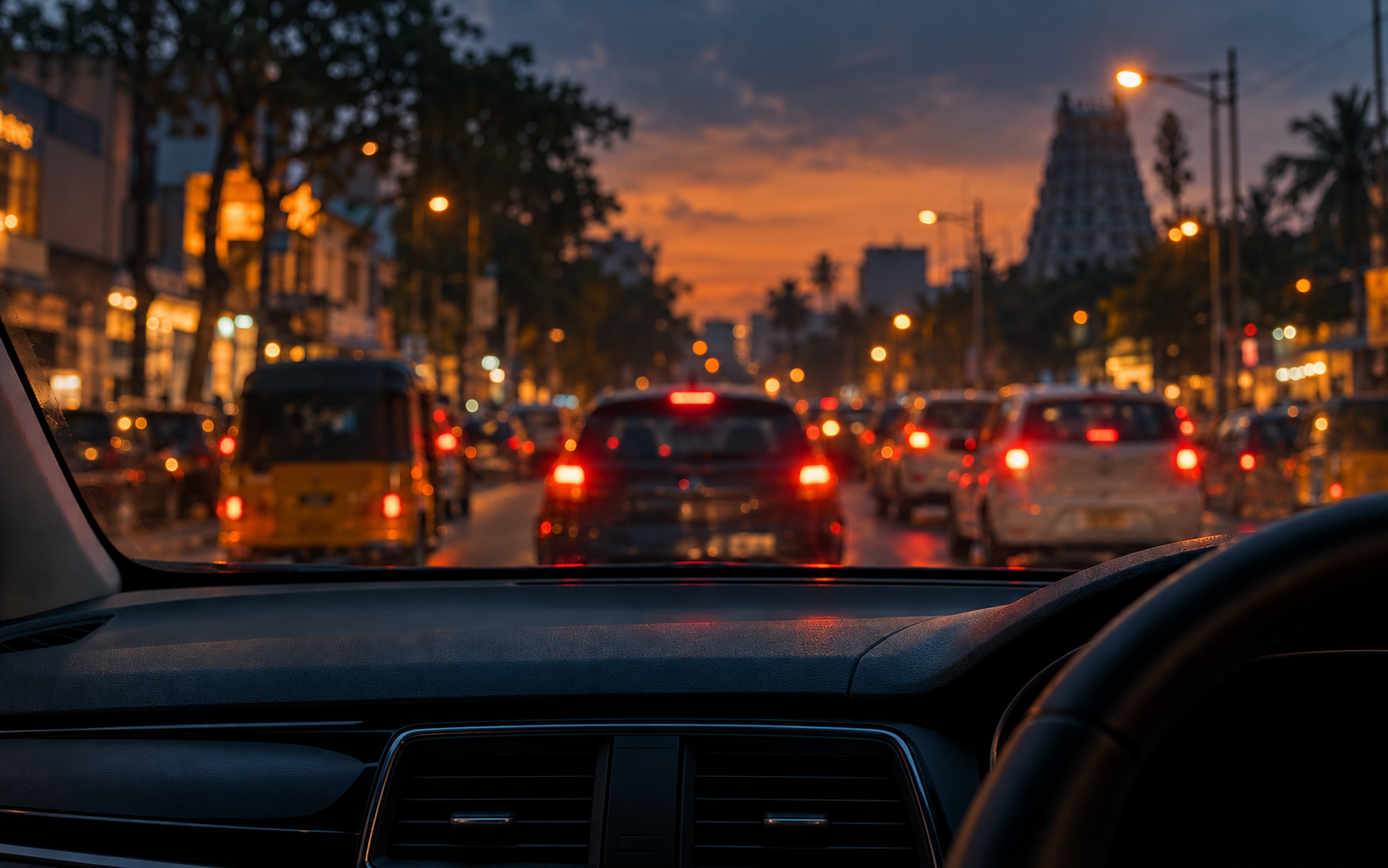 AI concept illustration: evening stop-go traffic in Chennai seen from a right-hand-drive car.
