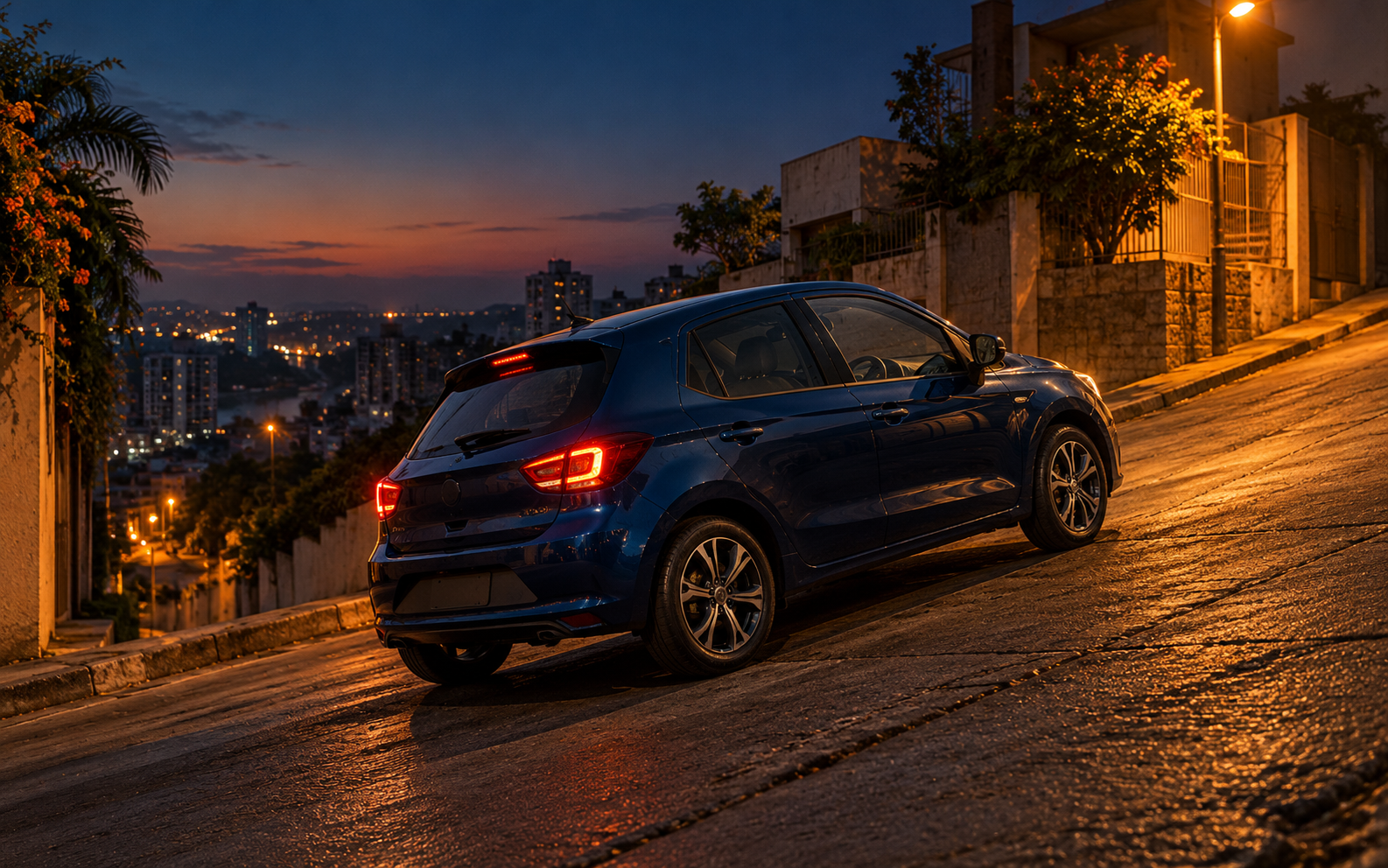 AI concept illustration: a navy hatchback stopped on a steep city street at dusk.