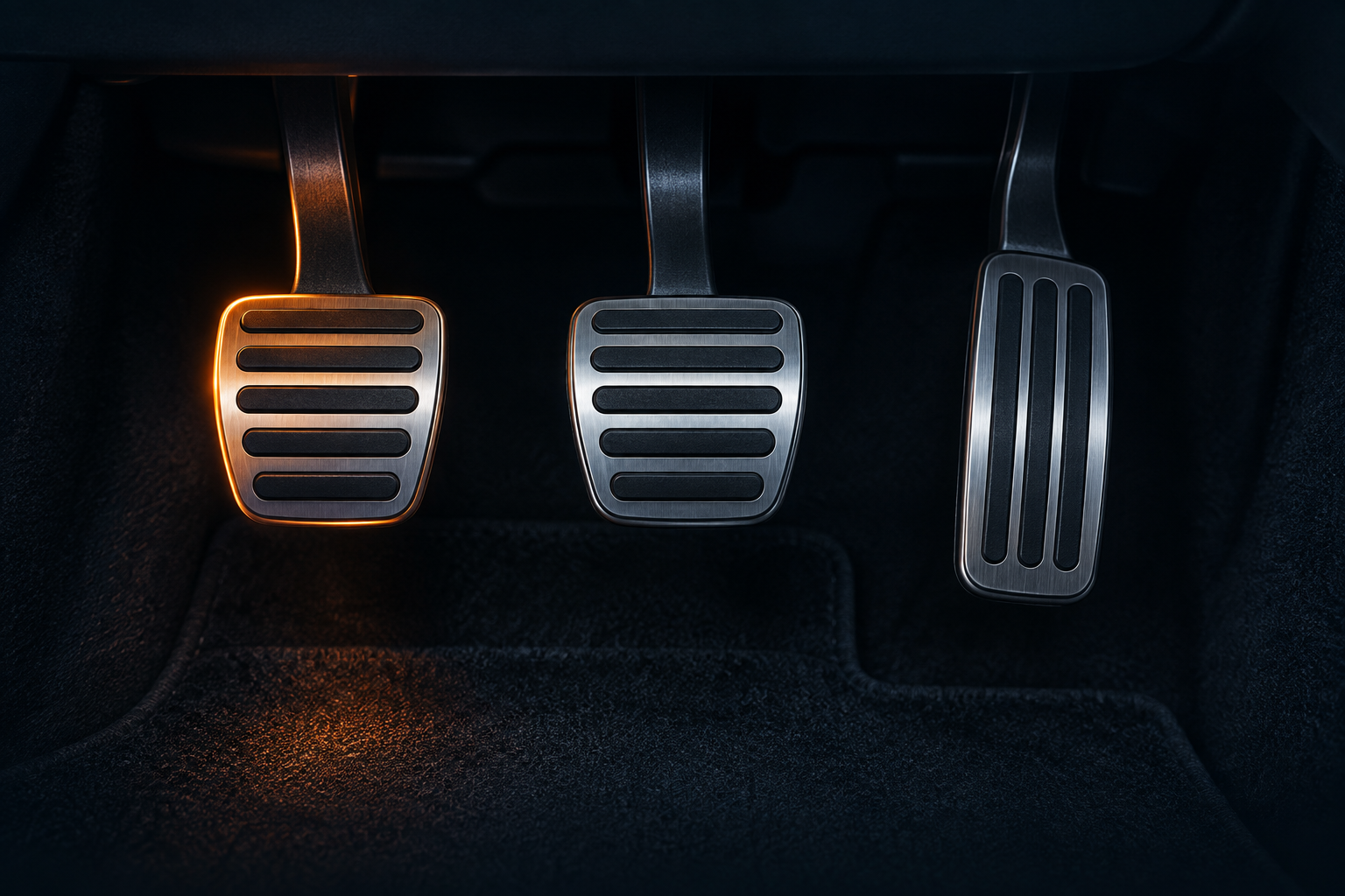 AI concept illustration: clutch, brake and accelerator pedals, with the clutch pedal lit in orange.
