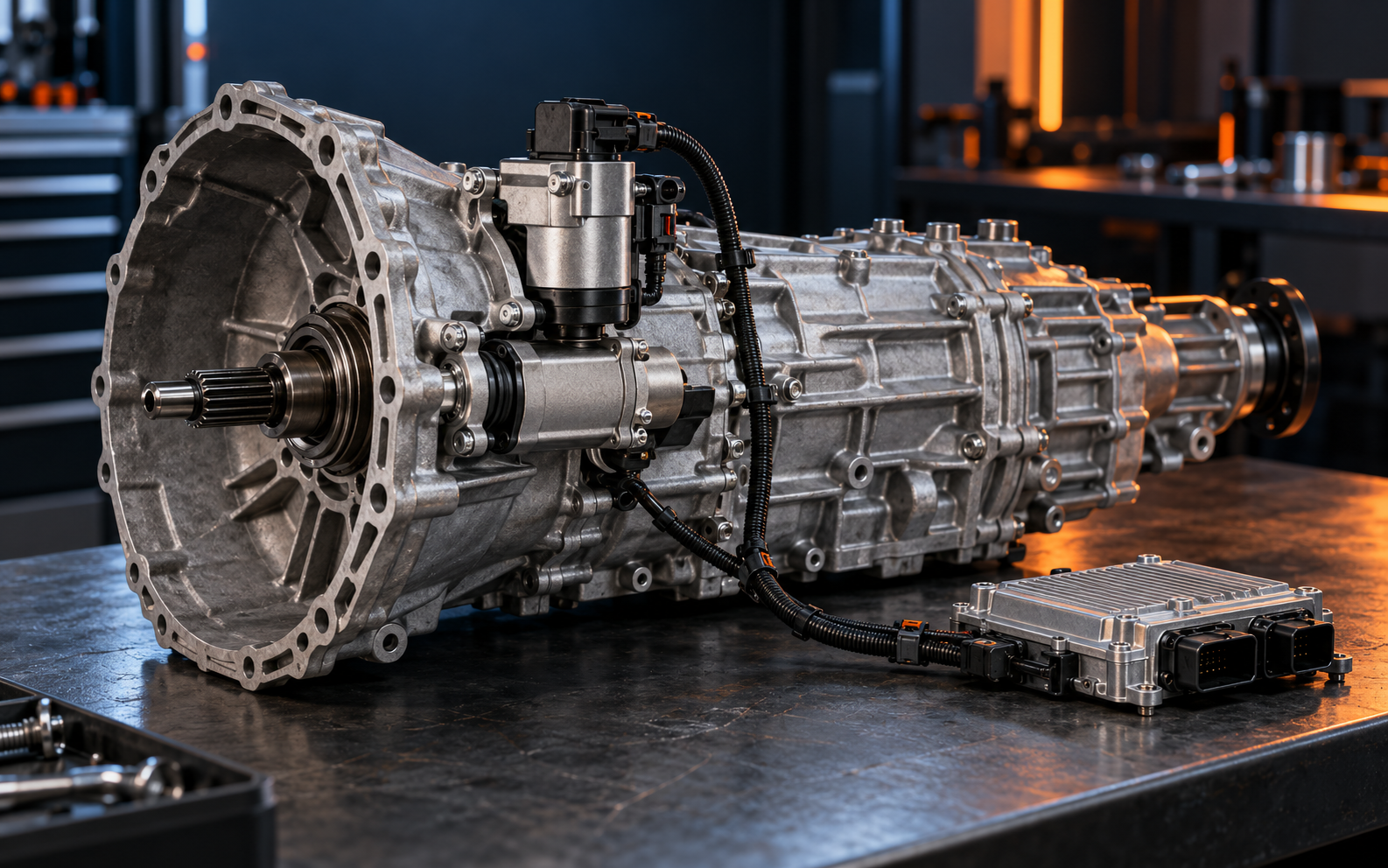 AI concept illustration: a manual-style gearbox with a clutch actuator and a wired electronic control unit on a workshop bench.